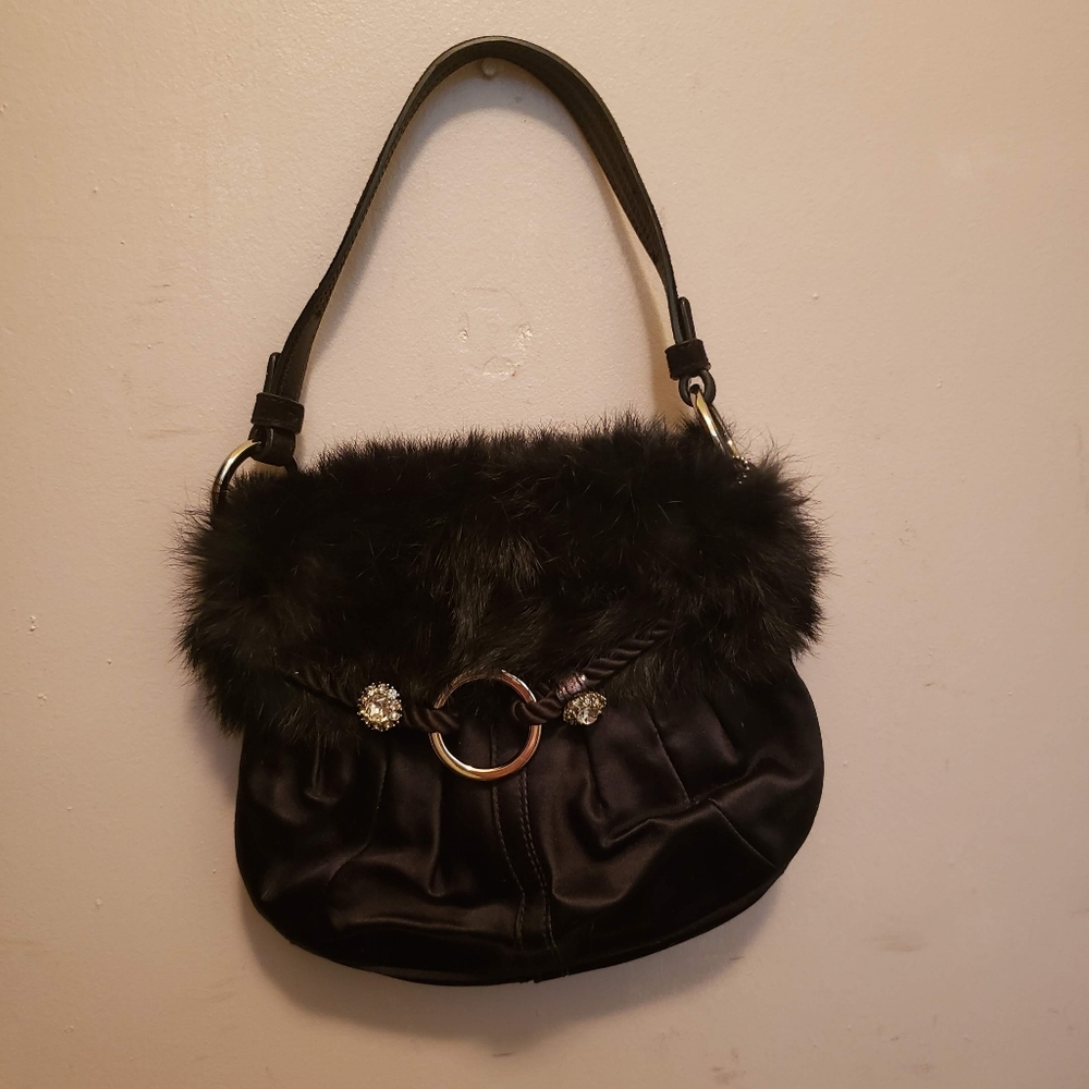 Coach Black Satin Mink Fur & Swarovski trim